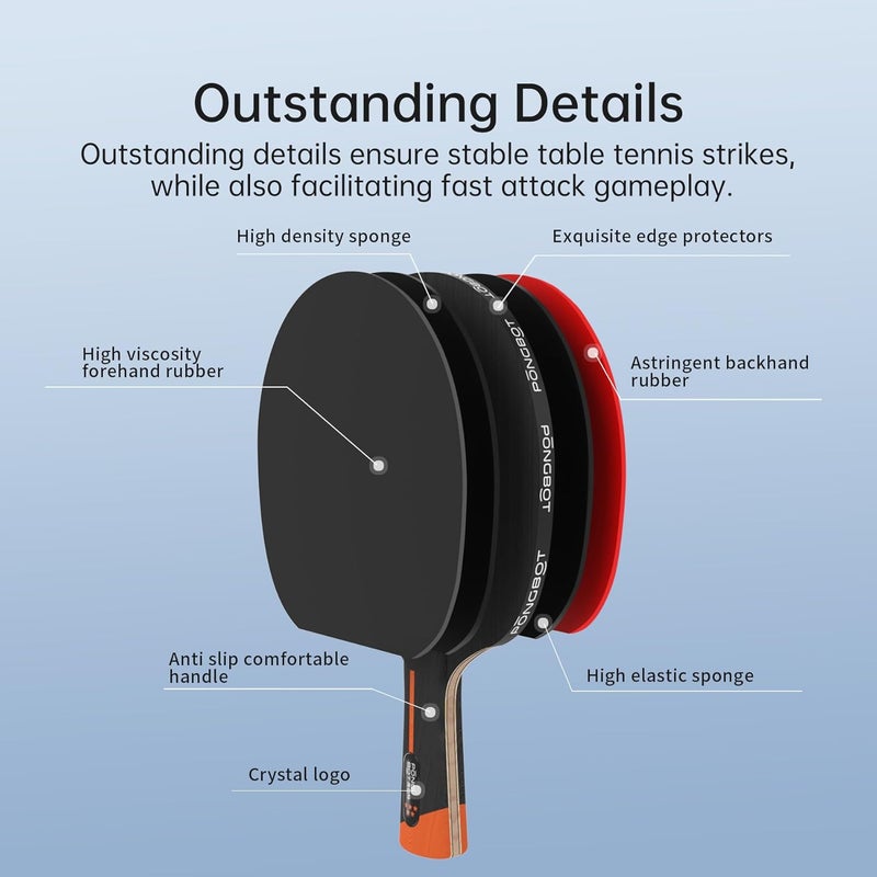 pongbot Five-Star Ping Pong Paddle, Professional Level Table Tennis Racket with Hard Case, Carbon Fiber, 7-Ply Blade, Premium Rubber, for Competitive Tournaments and Serious Players - Image 4